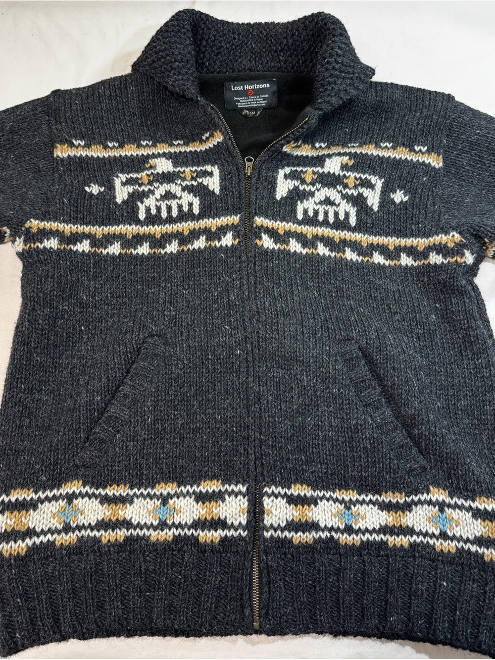 Lost Horizons Sweater Eagle Cardigan Mens Small/mediumGray Wool Cowichan Motifs